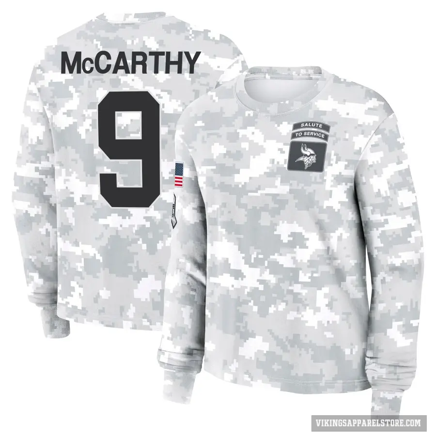 Women's ＃9 J.J. McCarthy Minnesota Vikings Camo Arctic 2024 Salute to Service Long Sleeve T-Shirt