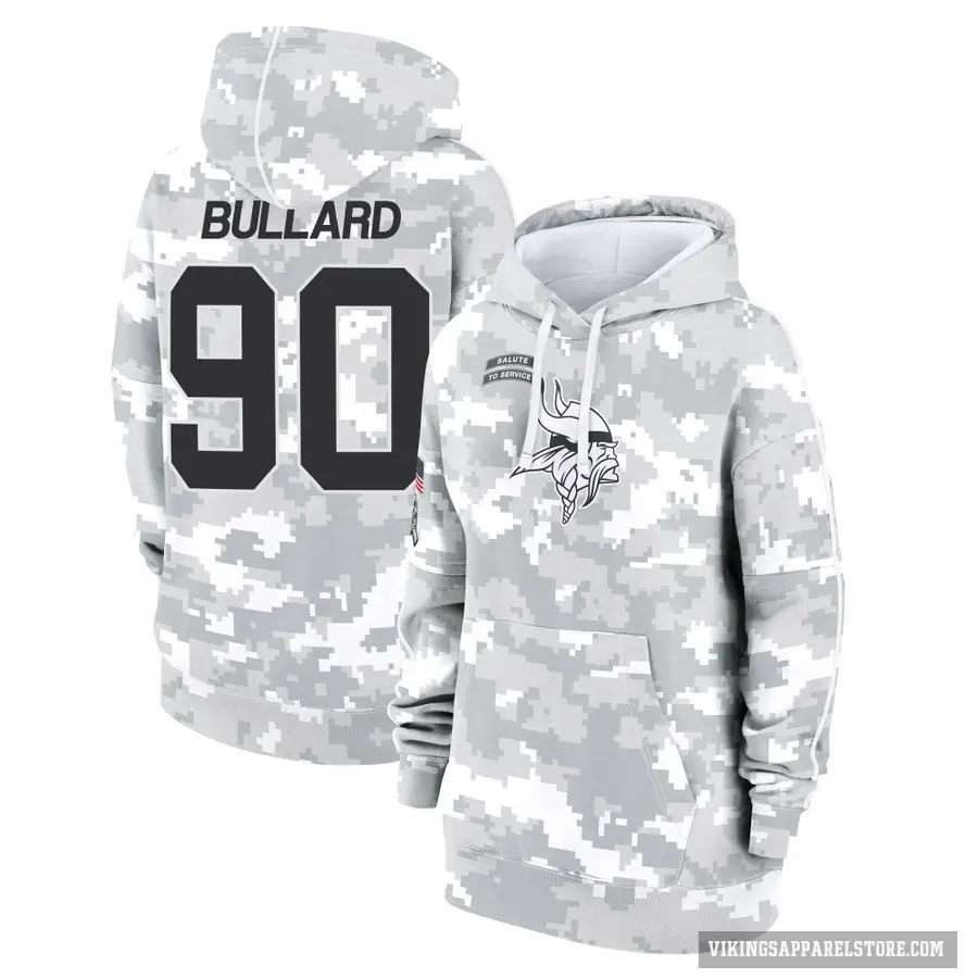 Women's ＃90 Jonathan Bullard Minnesota Vikings Arctic Camo 2024 Salute to Service Club Fleece Pullover Hoodie