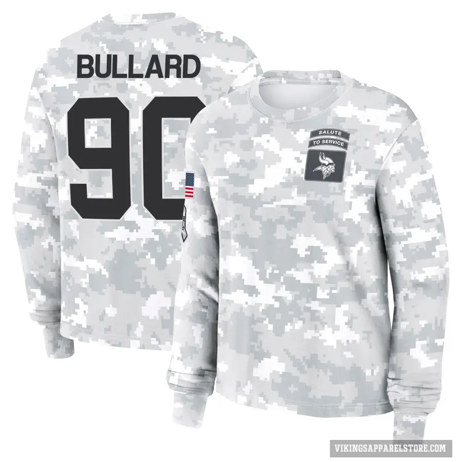 Women's ＃90 Jonathan Bullard Minnesota Vikings Camo Arctic 2024 Salute to Service Long Sleeve T-Shirt