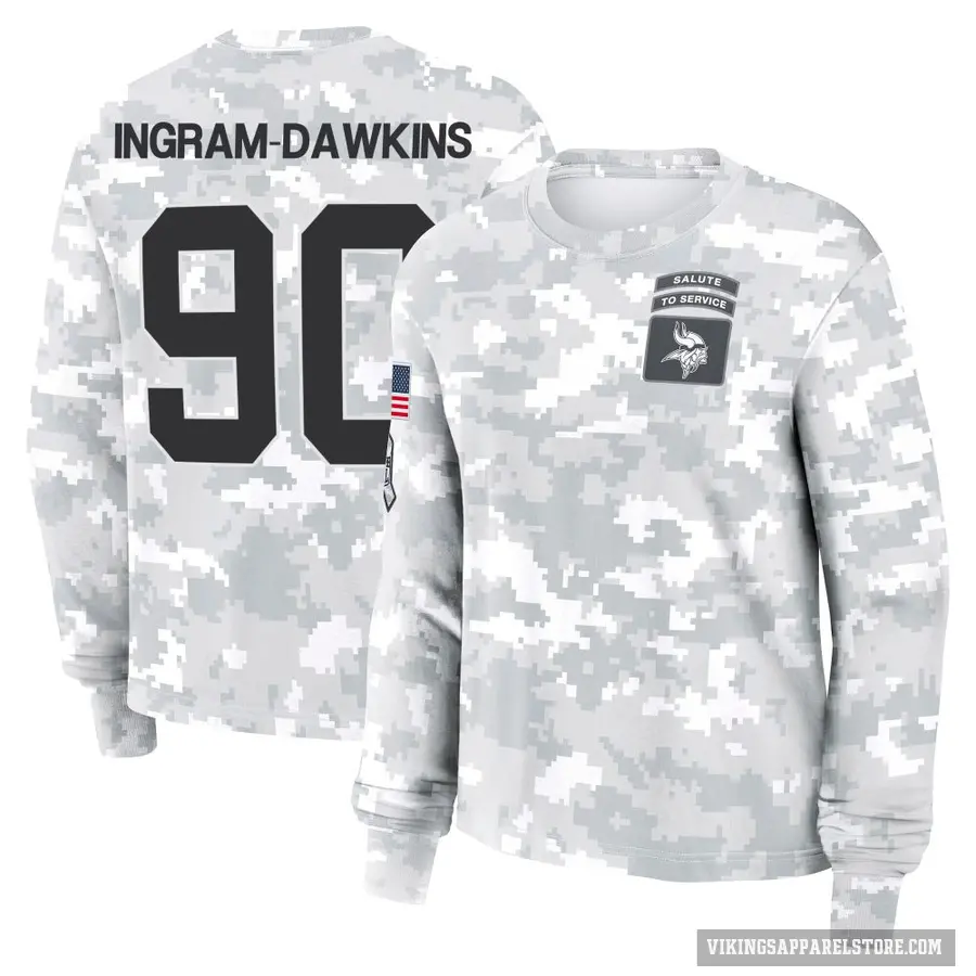 Women's ＃90 Tyrion Ingram-Dawkins Minnesota Vikings Camo Arctic 2024 Salute to Service Long Sleeve T-Shirt