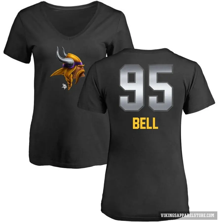 Women's ＃95 Travis Bell Minnesota Vikings Black Midnight Mascot T-Shirt
