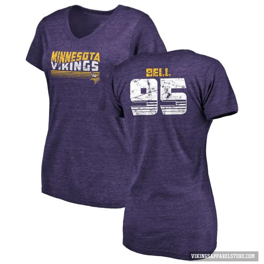 Women's ＃95 Travis Bell Minnesota Vikings Purple Retro V-Neck T-Shirt