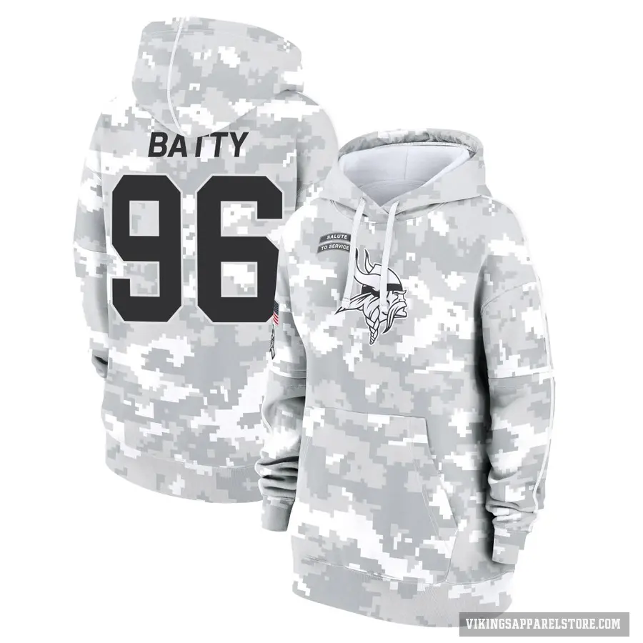 Women's ＃96 Tyler Batty Minnesota Vikings Arctic Camo 2024 Salute to Service Club Fleece Pullover Hoodie