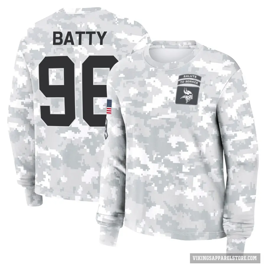 Women's ＃96 Tyler Batty Minnesota Vikings Camo Arctic 2024 Salute to Service Long Sleeve T-Shirt