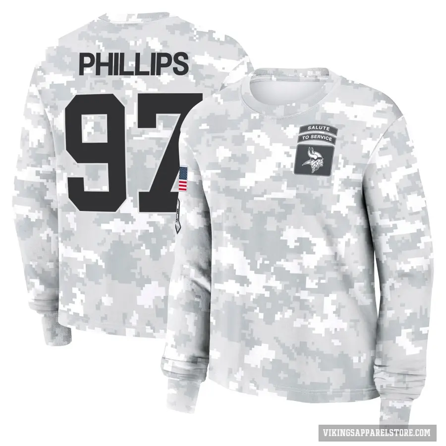 Women's ＃97 Harrison Phillips Minnesota Vikings Camo Arctic 2024 Salute to Service Long Sleeve T-Shirt