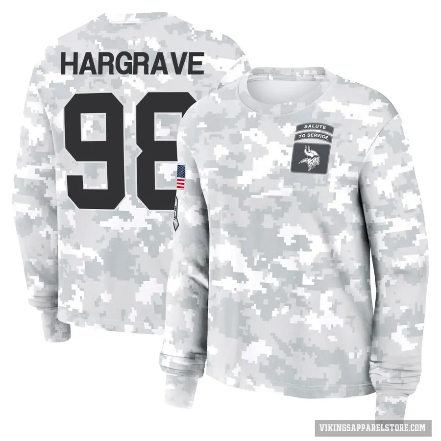 Women's ＃98 Javon Hargrave Minnesota Vikings Camo Arctic 2024 Salute to Service Long Sleeve T-Shirt