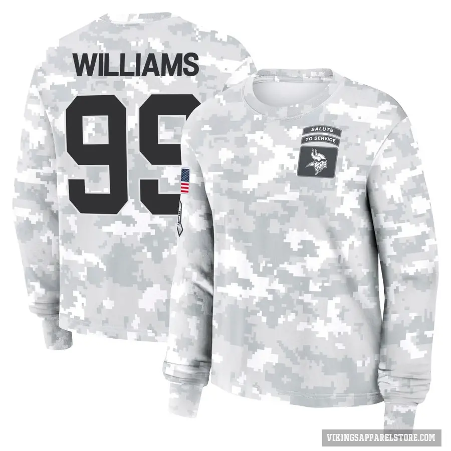 Women's ＃99 Alex Williams Minnesota Vikings Camo Arctic 2024 Salute to Service Long Sleeve T-Shirt