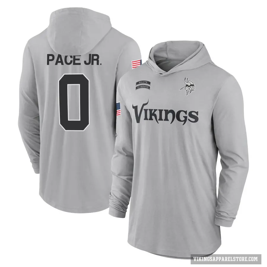 Youth ＃0 Ivan Pace Jr. Minnesota Vikings Gray 2024 Salute to Service Lightweight Performance Long Sleeve Hooded T-Shirt
