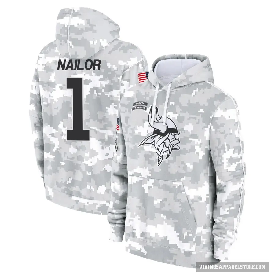 Youth ＃1 Jalen Nailor Minnesota Vikings Arctic Camo 2024 Salute to Service Club Fleece Pullover Hoodie
