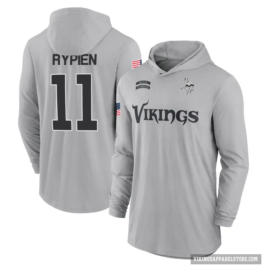 Youth ＃11 Brett Rypien Minnesota Vikings Gray 2024 Salute to Service Lightweight Performance Long Sleeve Hooded T-Shirt