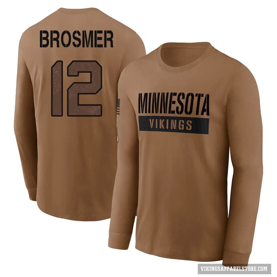 Youth ＃12 Max Brosmer Minnesota Vikings Brown 2023 Salute To Service Long Sleeve T-Shirt