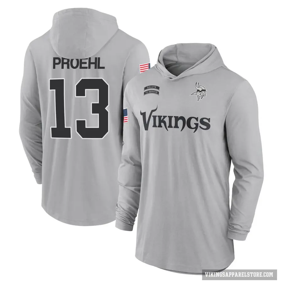 Youth ＃13 Blake Proehl Minnesota Vikings Gray 2024 Salute to Service Lightweight Performance Long Sleeve Hooded T-Shirt