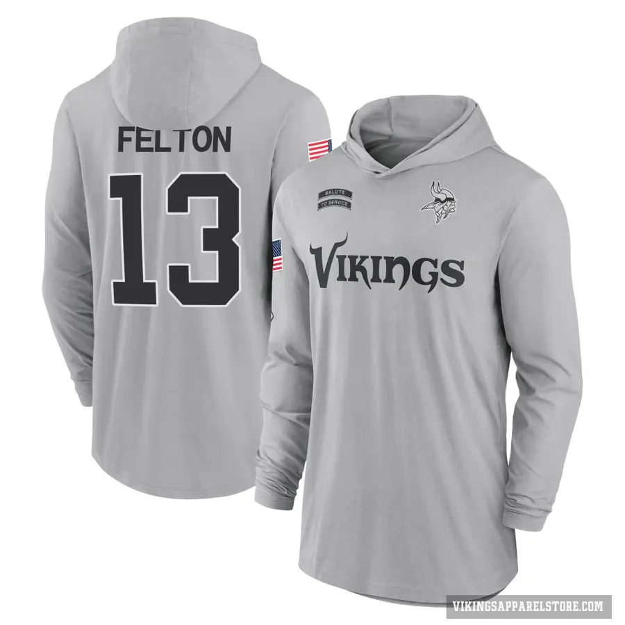 Youth ＃13 Tai Felton Minnesota Vikings Gray 2024 Salute to Service Lightweight Performance Long Sleeve Hooded T-Shirt
