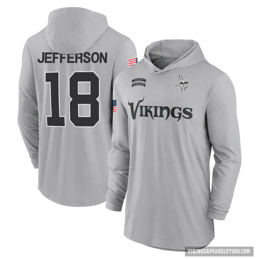 Youth ＃18 Justin Jefferson Minnesota Vikings Gray 2024 Salute to Service Lightweight Performance Long Sleeve Hooded T-Shirt