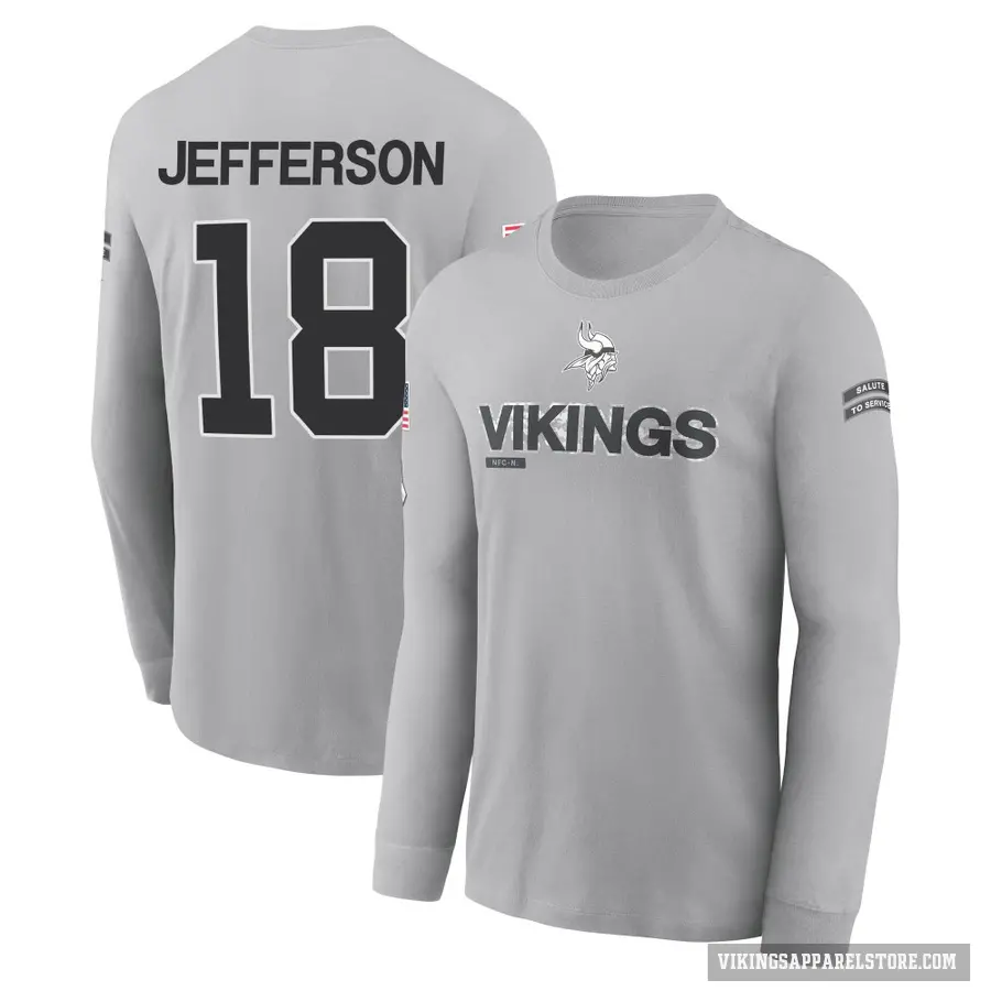 Youth ＃18 Justin Jefferson Minnesota Vikings Gray 2024 Salute to Service Long Sleeve T-Shirt