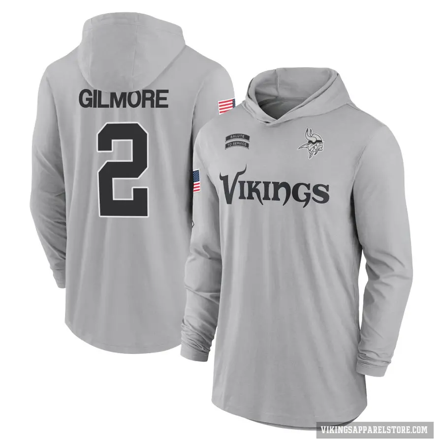 Youth ＃2 Stephon Gilmore Minnesota Vikings Gray 2024 Salute to Service Lightweight Performance Long Sleeve Hooded T-Shirt