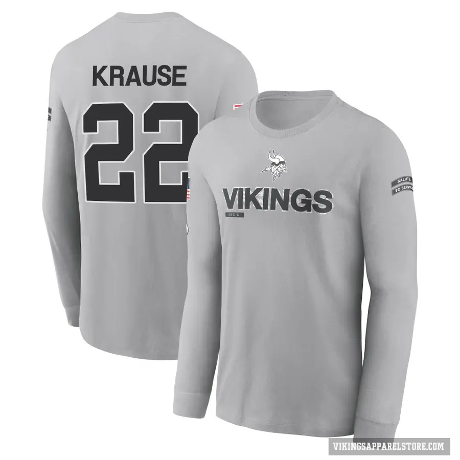 Youth ＃22 Paul Krause Minnesota Vikings Gray 2024 Salute to Service Long Sleeve T-Shirt