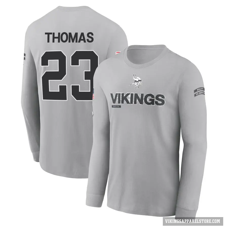 Youth ＃23 Ambry Thomas Minnesota Vikings Gray 2024 Salute to Service Long Sleeve T-Shirt