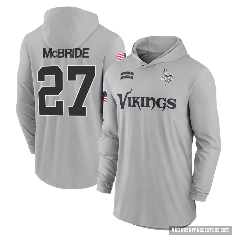 Youth ＃27 DeWayne McBride Minnesota Vikings Gray 2024 Salute to Service Lightweight Performance Long Sleeve Hooded T-Shirt