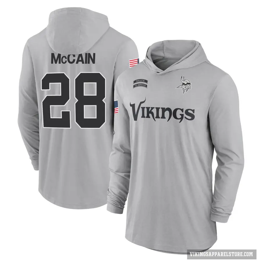 Youth ＃28 Bobby McCain Minnesota Vikings Gray 2024 Salute to Service Lightweight Performance Long Sleeve Hooded T-Shirt