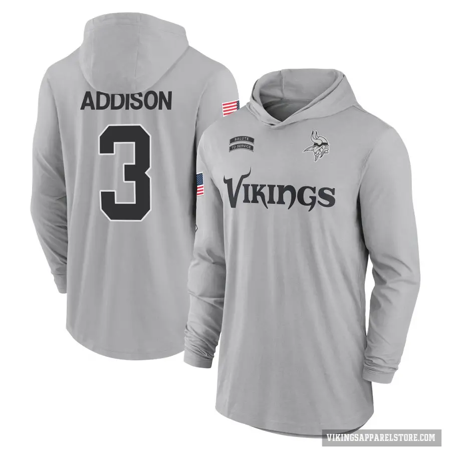 Youth ＃3 Jordan Addison Minnesota Vikings Gray 2024 Salute to Service Lightweight Performance Long Sleeve Hooded T-Shirt