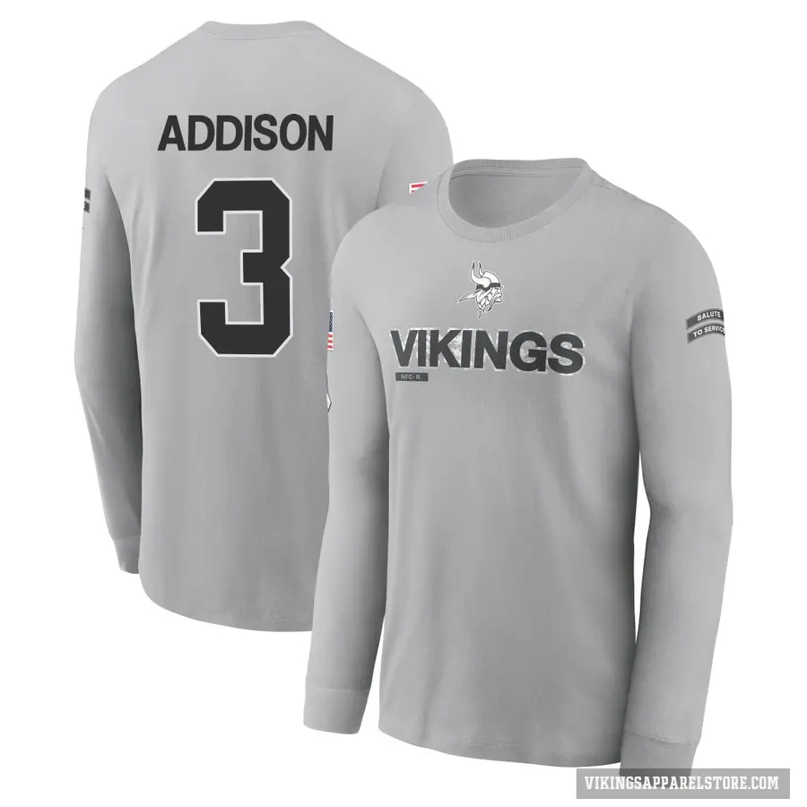 Youth ＃3 Jordan Addison Minnesota Vikings Gray 2024 Salute to Service Long Sleeve T-Shirt