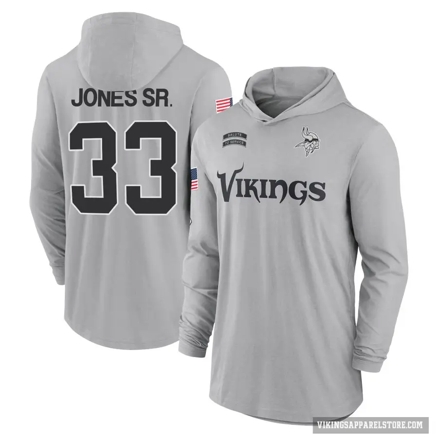 Youth ＃33 Aaron Jones Sr. Minnesota Vikings Gray 2024 Salute to Service Lightweight Performance Long Sleeve Hooded T-Shirt