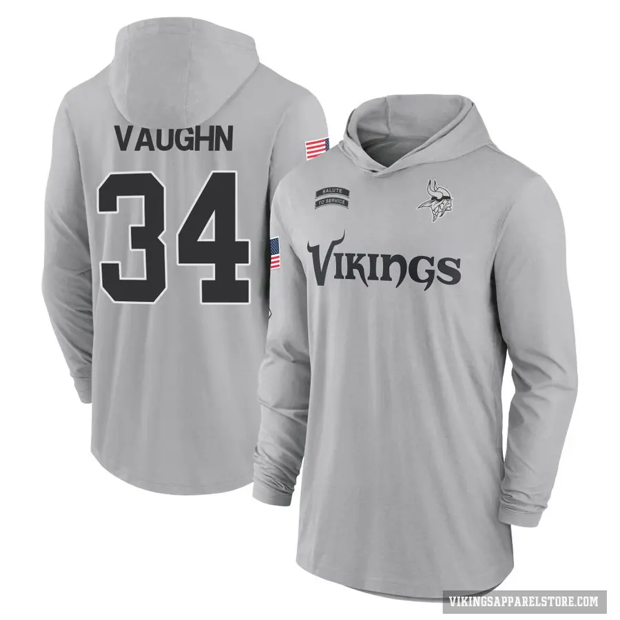 Youth ＃34 Zemaiah Vaughn Minnesota Vikings Gray 2024 Salute to Service Lightweight Performance Long Sleeve Hooded T-Shirt