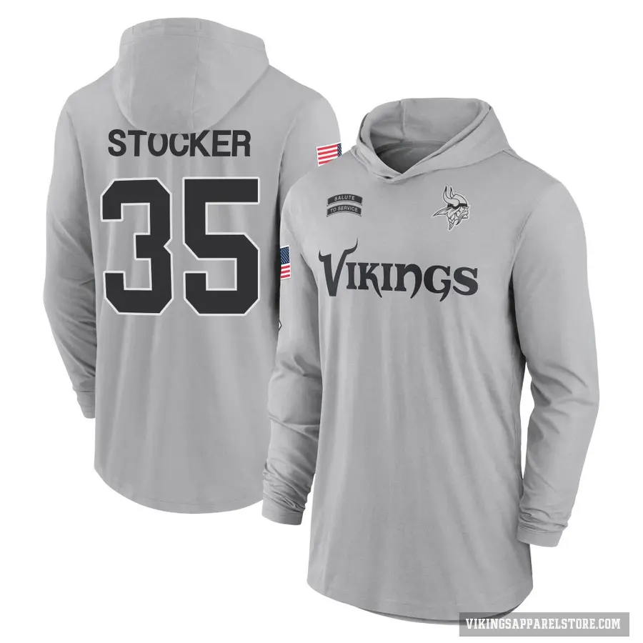 Youth ＃35 Luke Stocker Minnesota Vikings Gray 2024 Salute to Service Lightweight Performance Long Sleeve Hooded T-Shirt