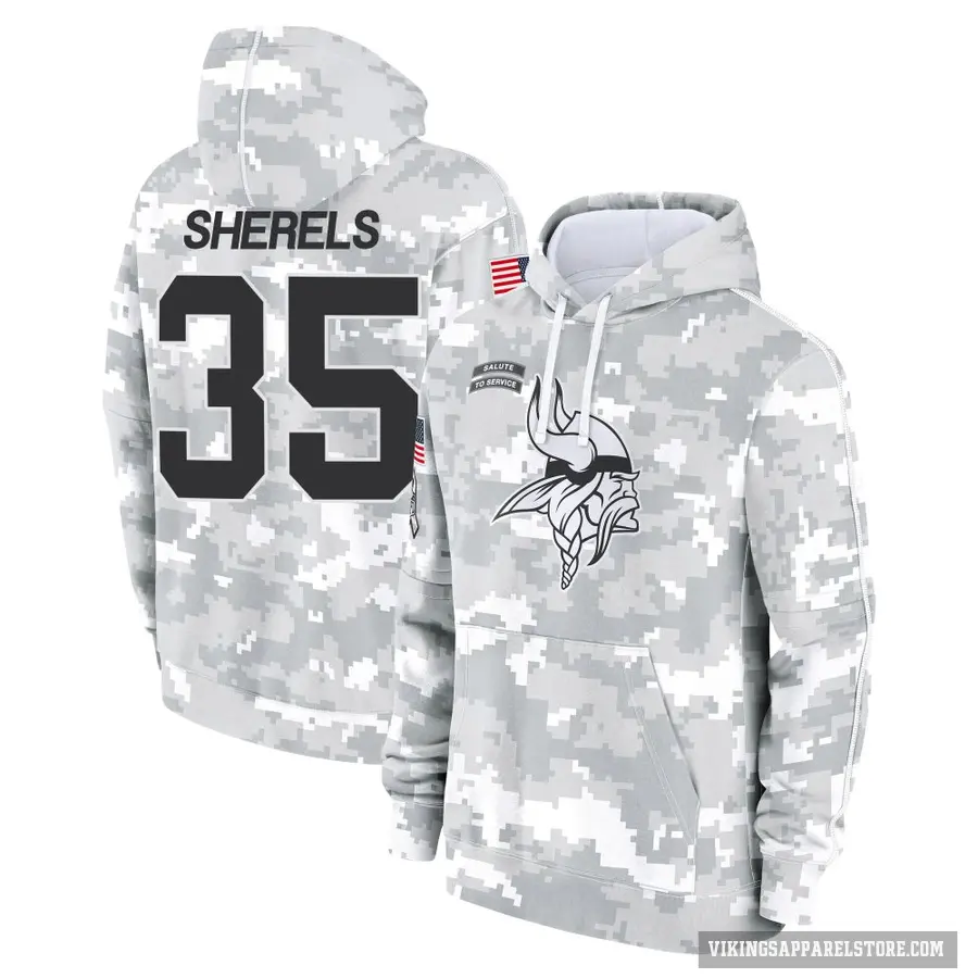 Youth ＃35 Marcus Sherels Minnesota Vikings Arctic Camo 2024 Salute to Service Club Fleece Pullover Hoodie