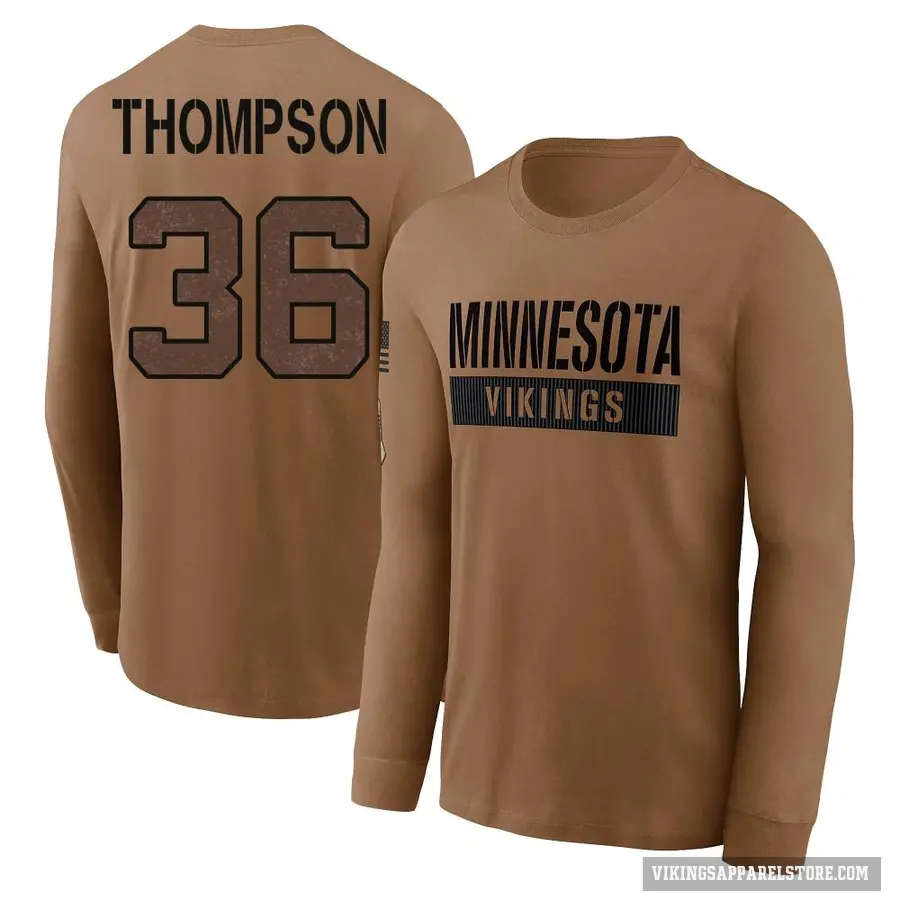Youth ＃36 NaJee Thompson Minnesota Vikings Brown 2023 Salute To Service Long Sleeve T-Shirt
