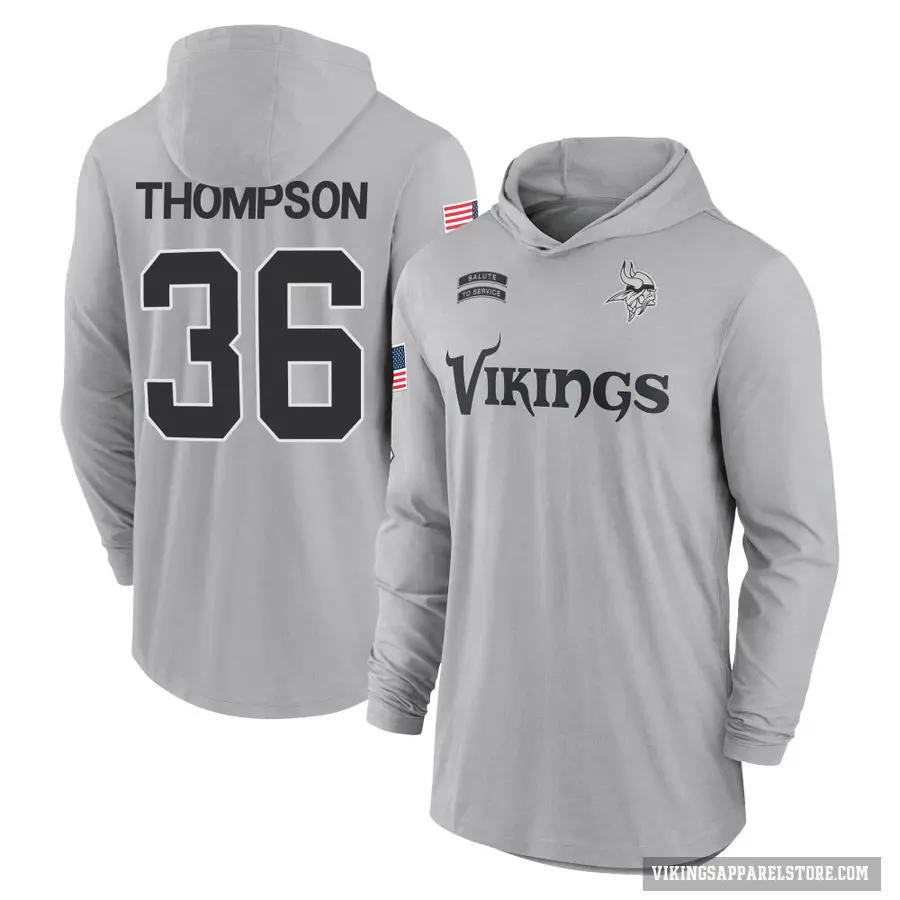 Youth ＃36 NaJee Thompson Minnesota Vikings Gray 2024 Salute to Service Lightweight Performance Long Sleeve Hooded T-Shirt