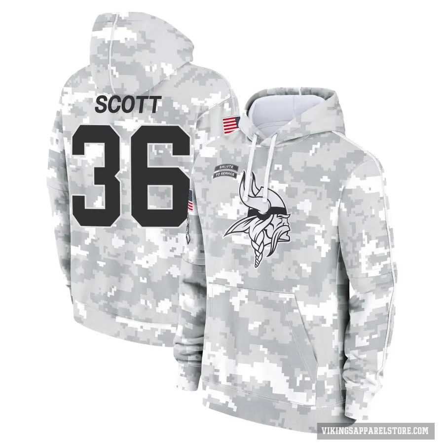 Youth ＃36 Zavier Scott Minnesota Vikings Arctic Camo 2024 Salute to Service Club Fleece Pullover Hoodie