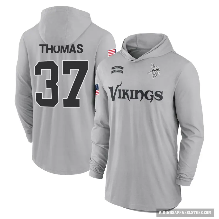 Youth ＃37 Tavierre Thomas Minnesota Vikings Gray 2024 Salute to Service Lightweight Performance Long Sleeve Hooded T-Shirt