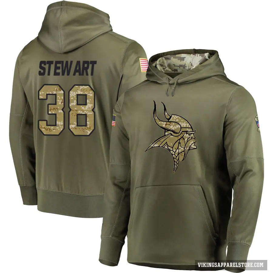 Youth ＃38 Tre Stewart Minnesota Vikings Olive Salute to Service Pullover Hoodie