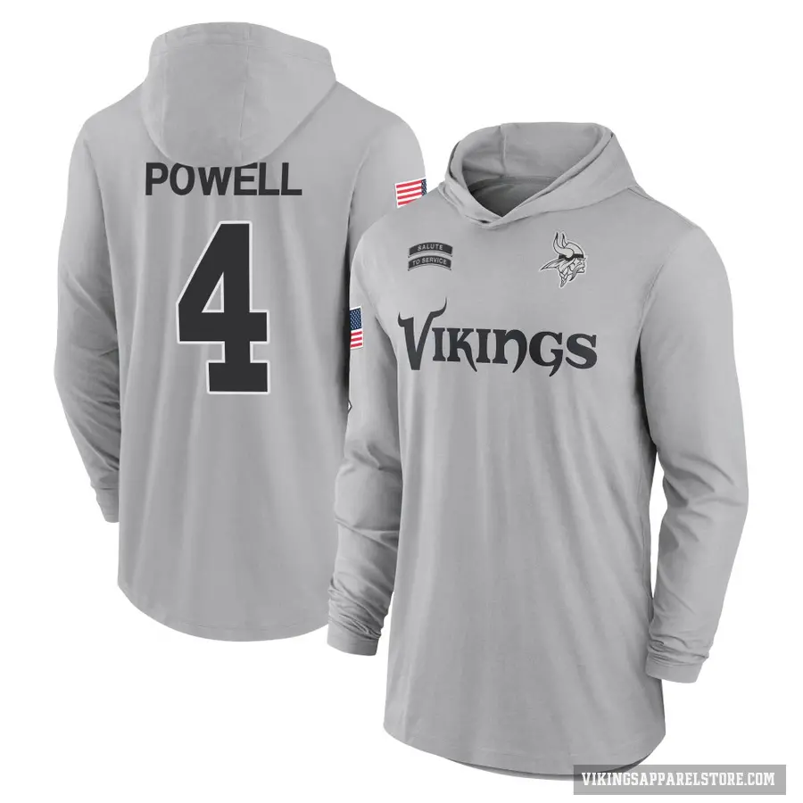 Youth ＃4 Brandon Powell Minnesota Vikings Gray 2024 Salute to Service Lightweight Performance Long Sleeve Hooded T-Shirt