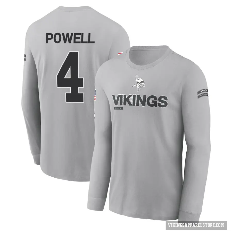 Youth ＃4 Brandon Powell Minnesota Vikings Gray 2024 Salute to Service Long Sleeve T-Shirt