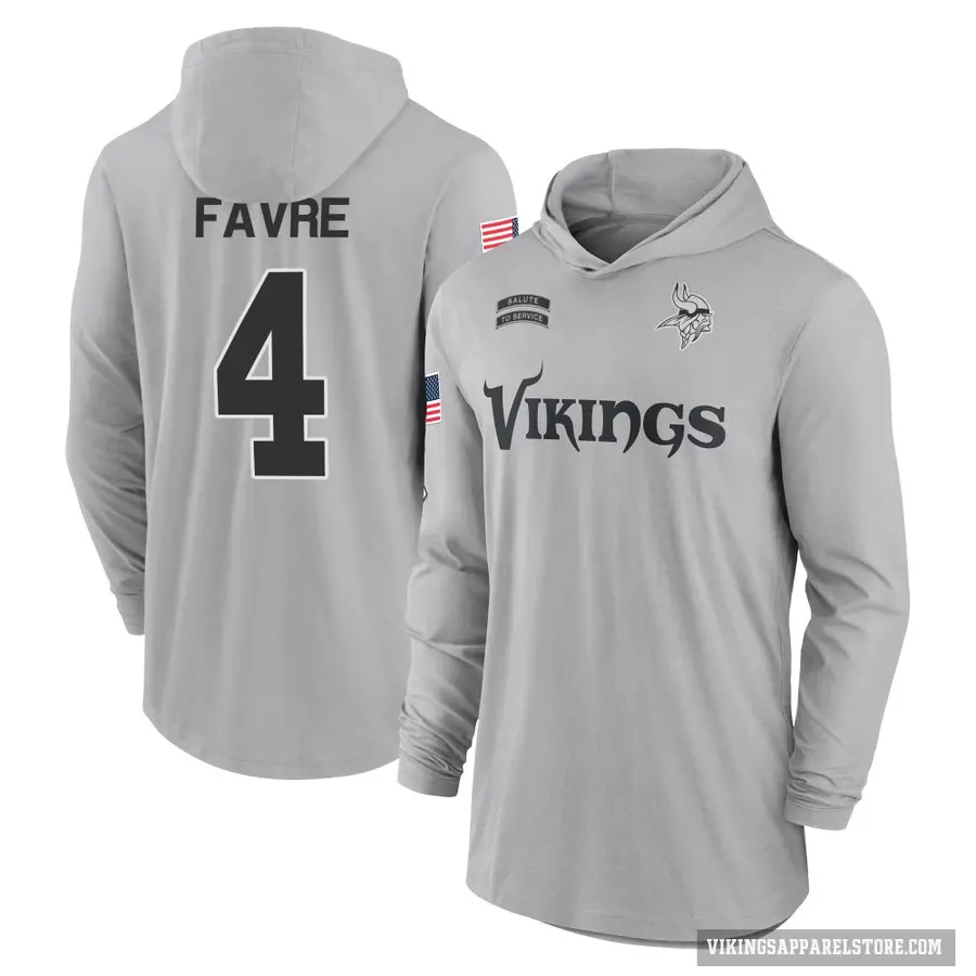 Youth ＃4 Brett Favre Minnesota Vikings Gray 2024 Salute to Service Lightweight Performance Long Sleeve Hooded T-Shirt