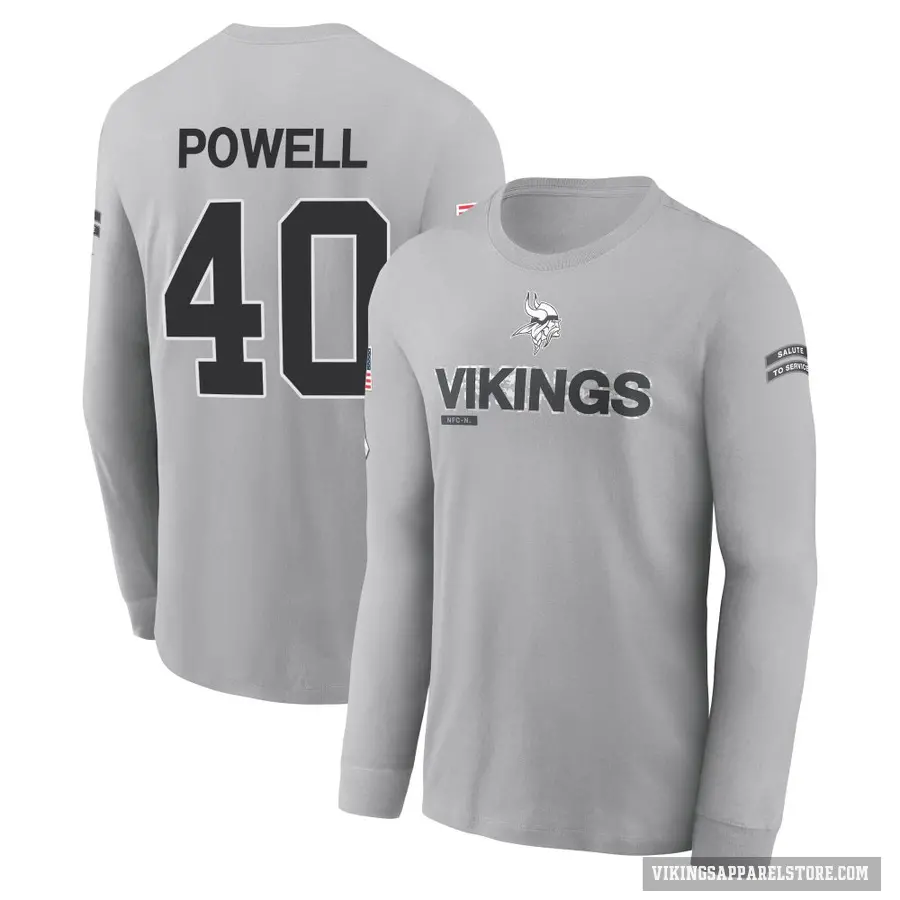 Youth ＃40 Mishael Powell Minnesota Vikings Gray 2024 Salute to Service Long Sleeve T-Shirt