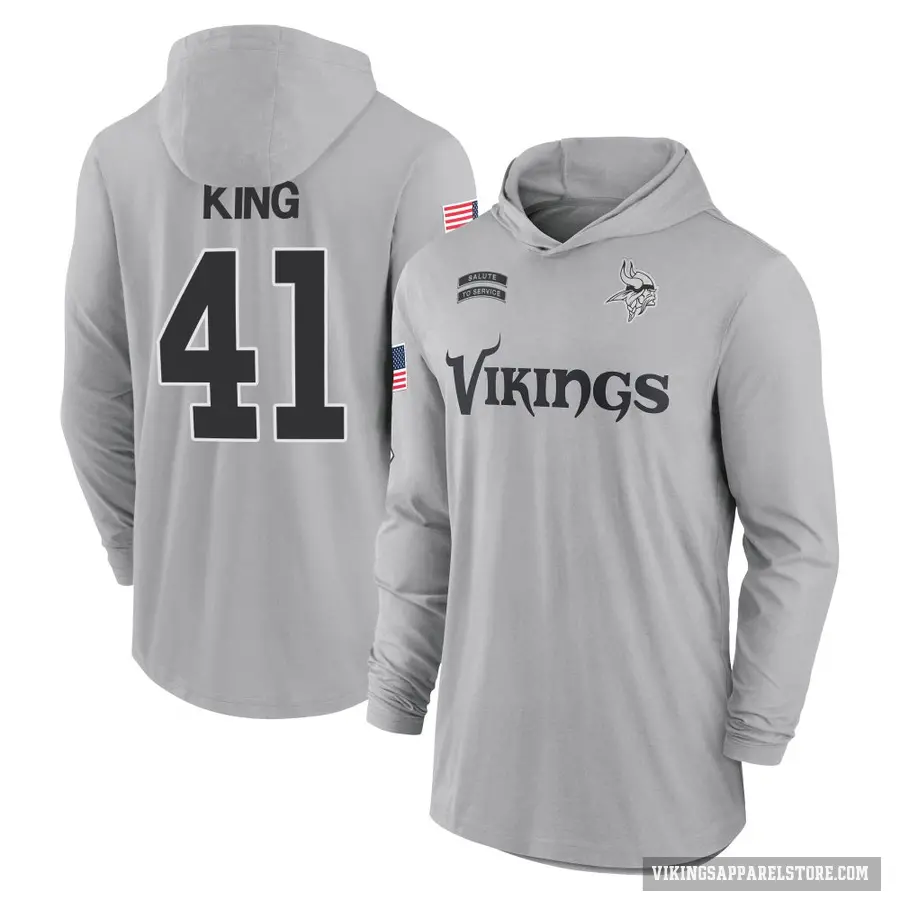 Youth ＃41 Kobe King Minnesota Vikings Gray 2024 Salute to Service Lightweight Performance Long Sleeve Hooded T-Shirt