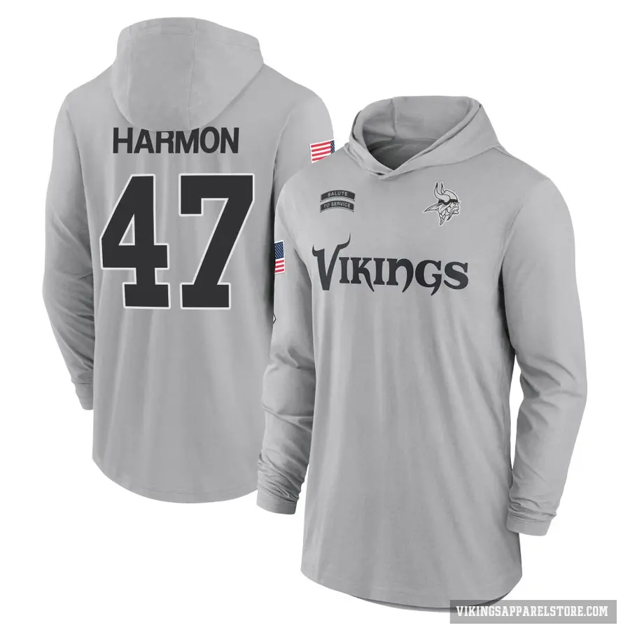 Youth ＃47 Matt Harmon Minnesota Vikings Gray 2024 Salute to Service Lightweight Performance Long Sleeve Hooded T-Shirt