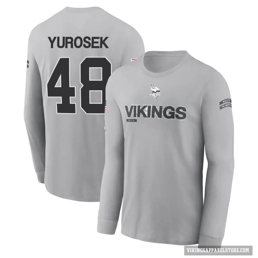 Youth ＃48 Ben Yurosek Minnesota Vikings Gray 2024 Salute to Service Long Sleeve T-Shirt