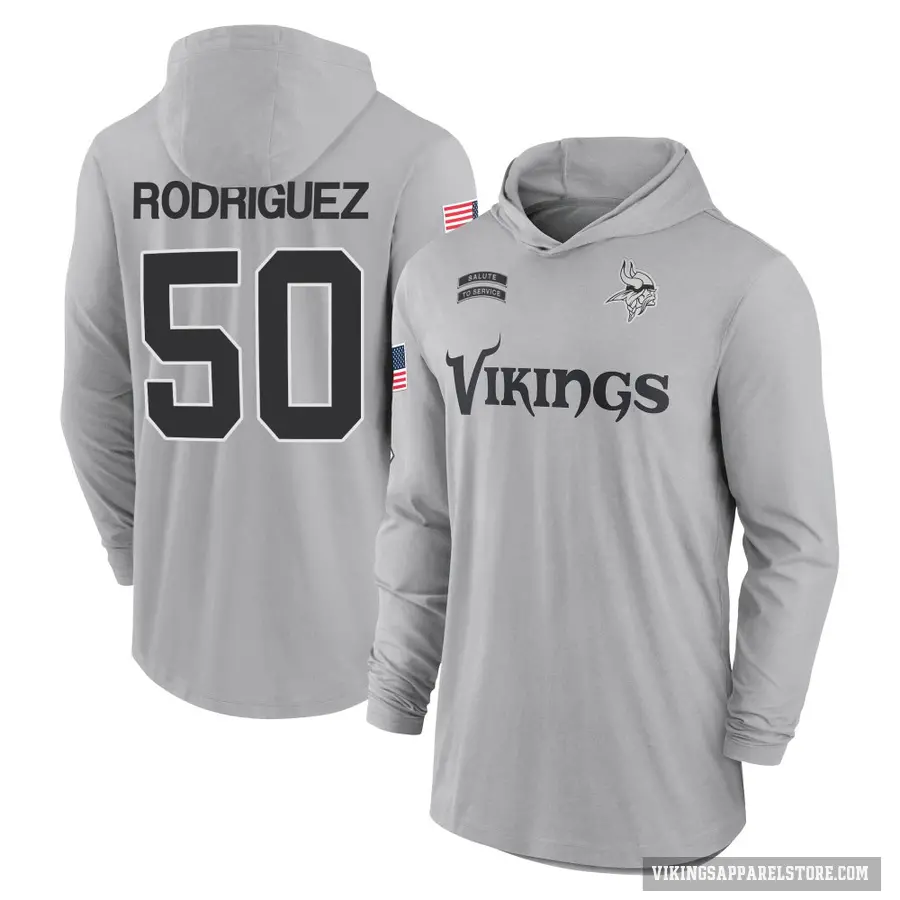 Youth ＃50 Levi Drake Rodriguez Minnesota Vikings Gray 2024 Salute to Service Lightweight Performance Long Sleeve Hooded T-Shirt