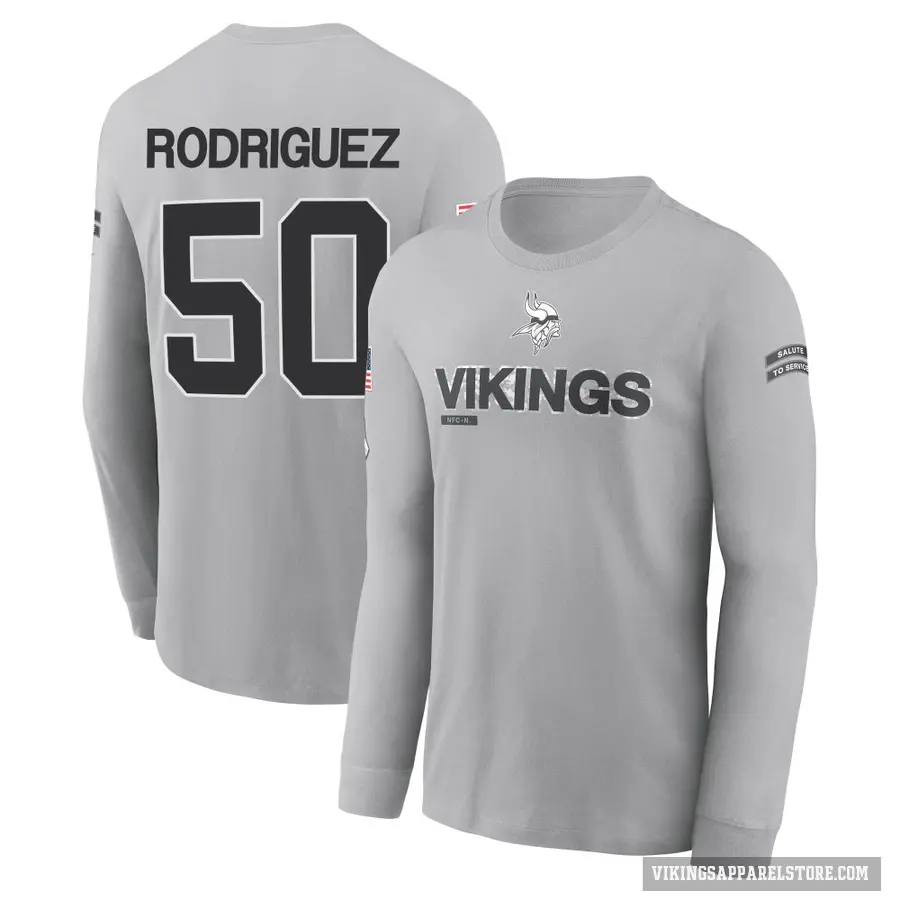 Youth ＃50 Levi Drake Rodriguez Minnesota Vikings Gray 2024 Salute to Service Long Sleeve T-Shirt