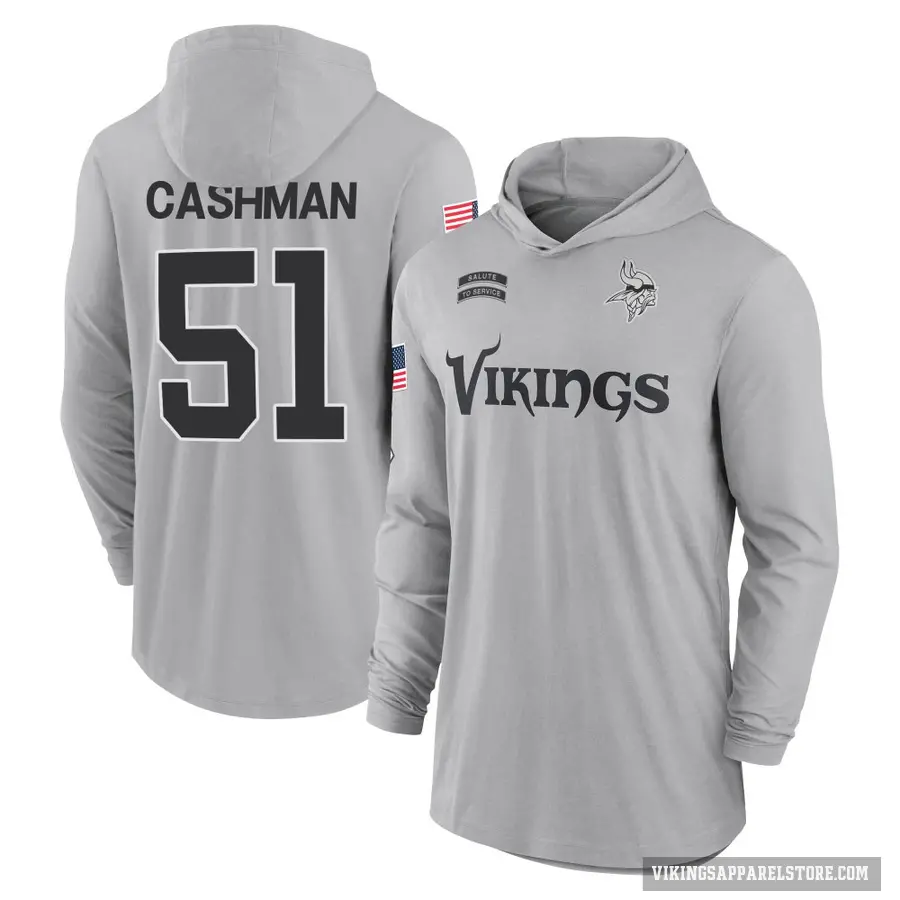 Youth ＃51 Blake Cashman Minnesota Vikings Gray 2024 Salute to Service Lightweight Performance Long Sleeve Hooded T-Shirt