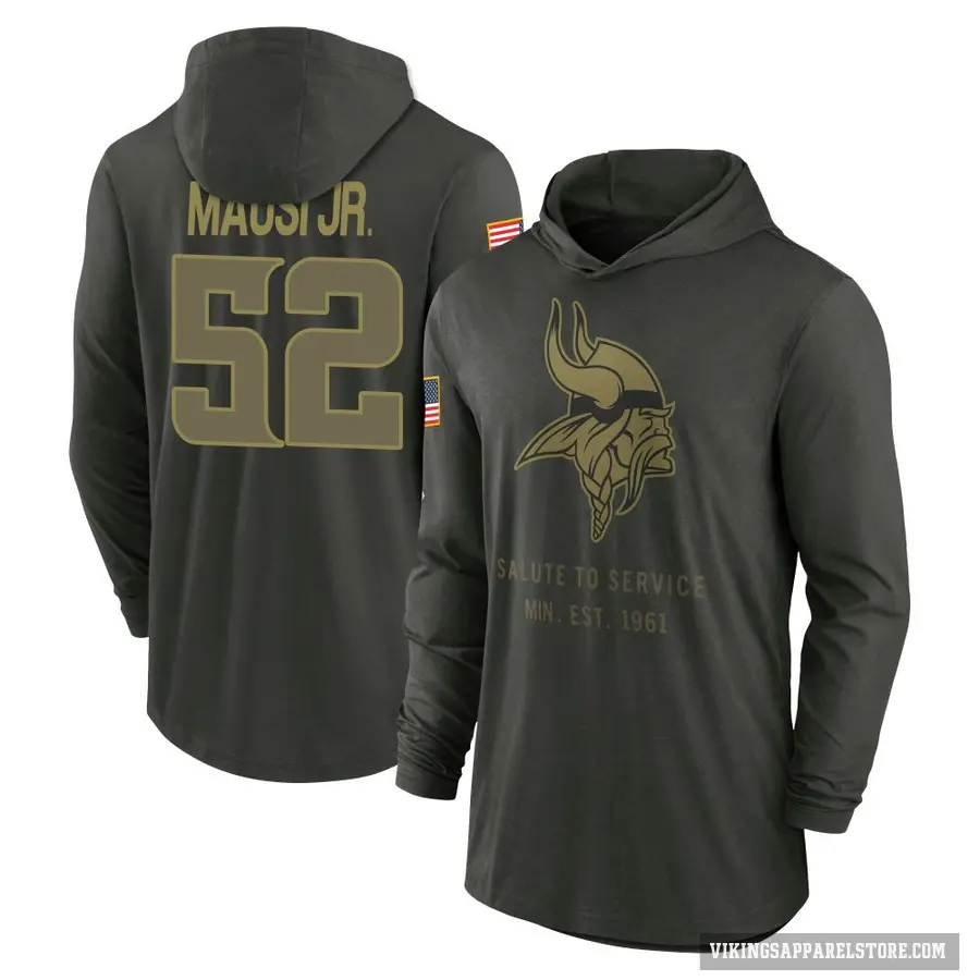 Youth ＃52 Dorian Mausi Jr. Minnesota Vikings Green Forest/ 2025 Salute to Service Sideline Lightweight Hooded Pullover Long Slee