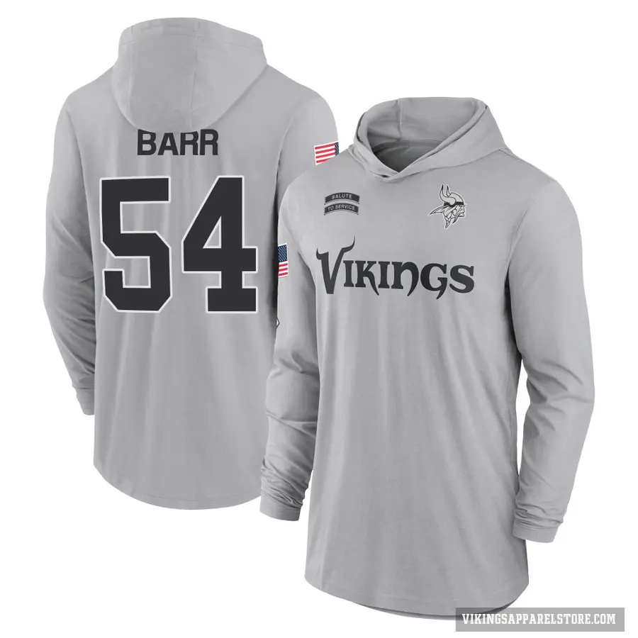 Youth ＃54 Anthony Barr Minnesota Vikings Gray 2024 Salute to Service Lightweight Performance Long Sleeve Hooded T-Shirt