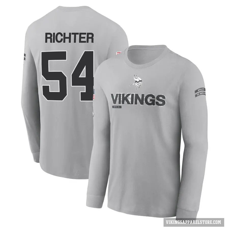 Youth ＃54 Bo Richter Minnesota Vikings Gray 2024 Salute to Service Long Sleeve T-Shirt