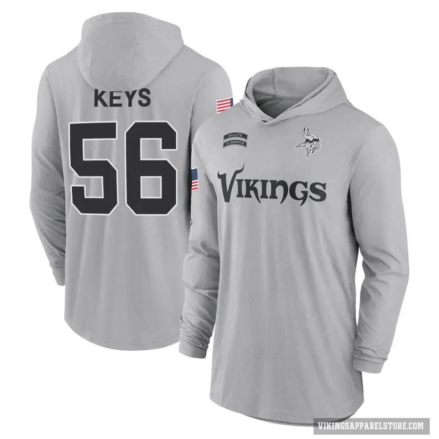 Youth ＃56 Austin Keys Minnesota Vikings Gray 2024 Salute to Service Lightweight Performance Long Sleeve Hooded T-Shirt