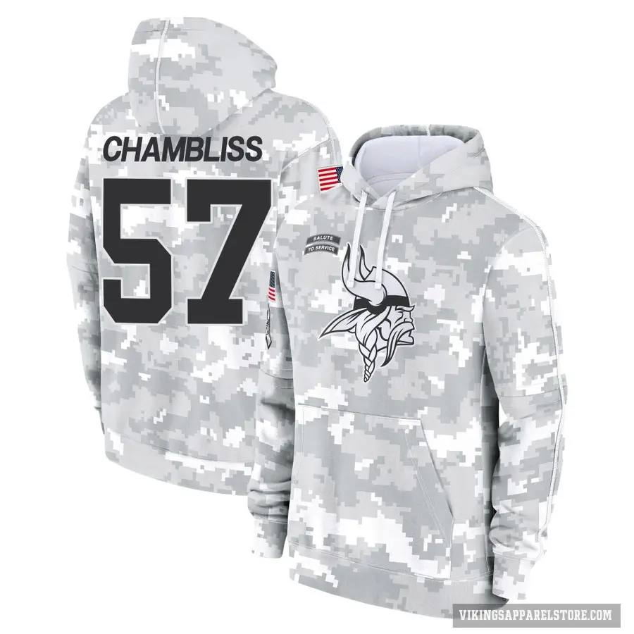 Youth ＃57 Chaz Chambliss Minnesota Vikings Arctic Camo 2024 Salute to Service Club Fleece Pullover Hoodie